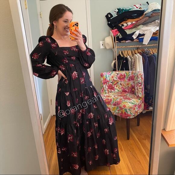 NICHOLAS Black Pink Floral Square Neck Long Balloon Sleeve Silk Maxi Dress 6 - Picture 8 of 14